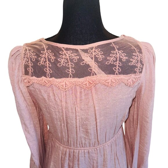 Anthropologie Blue Bird Boho Peasant Babydoll Crochet Lace M Cottage Dusty Rose - Picture 6 of 15